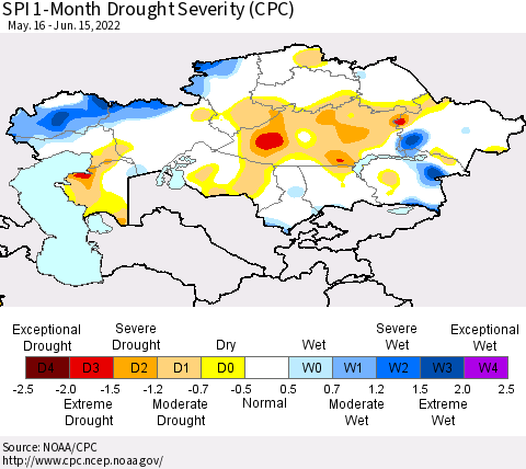 Kazakhstan SPI 1-Month Drought Severity (CPC) Thematic Map For 5/16/2022 - 6/15/2022