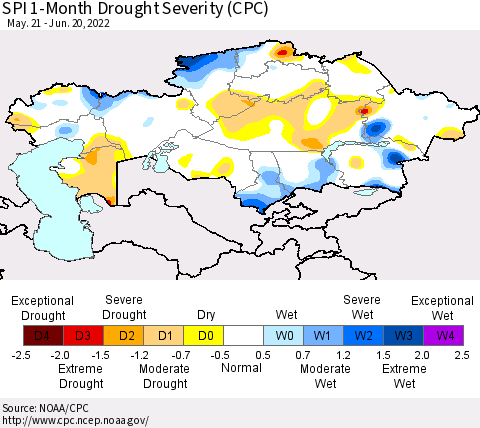 Kazakhstan SPI 1-Month Drought Severity (CPC) Thematic Map For 5/21/2022 - 6/20/2022