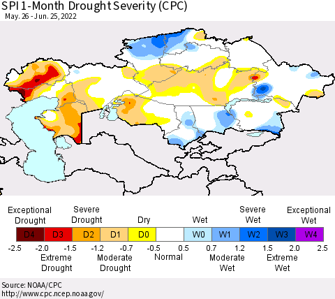 Kazakhstan SPI 1-Month Drought Severity (CPC) Thematic Map For 5/26/2022 - 6/25/2022