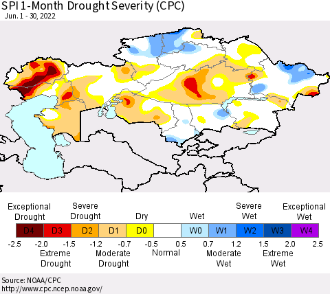 Kazakhstan SPI 1-Month Drought Severity (CPC) Thematic Map For 6/1/2022 - 6/30/2022
