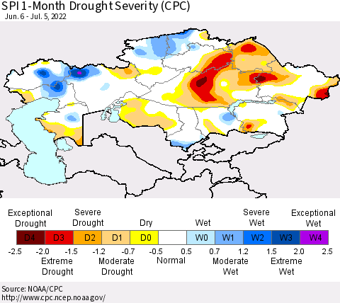 Kazakhstan SPI 1-Month Drought Severity (CPC) Thematic Map For 6/6/2022 - 7/5/2022