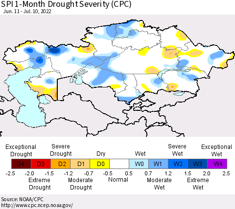 Kazakhstan SPI 1-Month Drought Severity (CPC) Thematic Map For 6/11/2022 - 7/10/2022