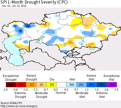 Kazakhstan SPI 1-Month Drought Severity (CPC) Thematic Map For 6/16/2022 - 7/15/2022