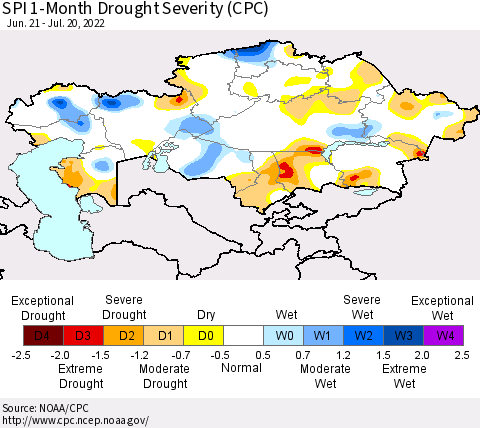 Kazakhstan SPI 1-Month Drought Severity (CPC) Thematic Map For 6/21/2022 - 7/20/2022