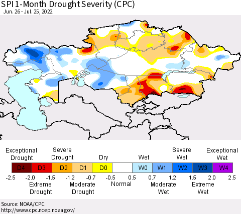 Kazakhstan SPI 1-Month Drought Severity (CPC) Thematic Map For 6/26/2022 - 7/25/2022