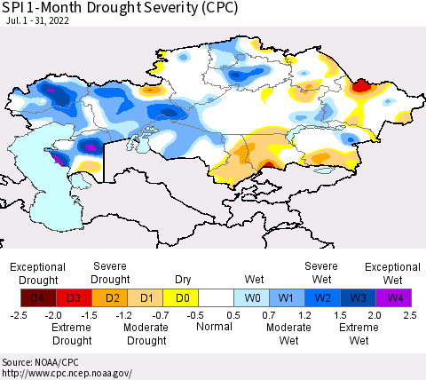Kazakhstan SPI 1-Month Drought Severity (CPC) Thematic Map For 7/1/2022 - 7/31/2022