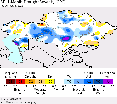 Kazakhstan SPI 1-Month Drought Severity (CPC) Thematic Map For 7/6/2022 - 8/5/2022