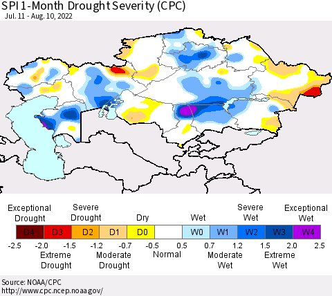 Kazakhstan SPI 1-Month Drought Severity (CPC) Thematic Map For 7/11/2022 - 8/10/2022