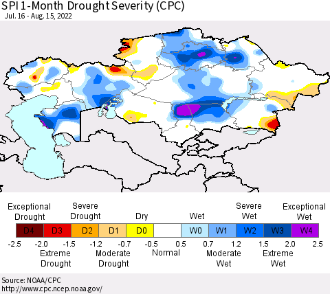 Kazakhstan SPI 1-Month Drought Severity (CPC) Thematic Map For 7/16/2022 - 8/15/2022