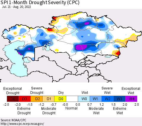Kazakhstan SPI 1-Month Drought Severity (CPC) Thematic Map For 7/21/2022 - 8/20/2022
