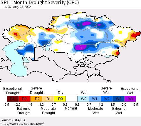 Kazakhstan SPI 1-Month Drought Severity (CPC) Thematic Map For 7/26/2022 - 8/25/2022