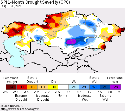 Kazakhstan SPI 1-Month Drought Severity (CPC) Thematic Map For 8/1/2022 - 8/31/2022