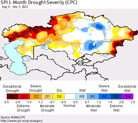 Kazakhstan SPI 1-Month Drought Severity (CPC) Thematic Map For 8/6/2022 - 9/5/2022
