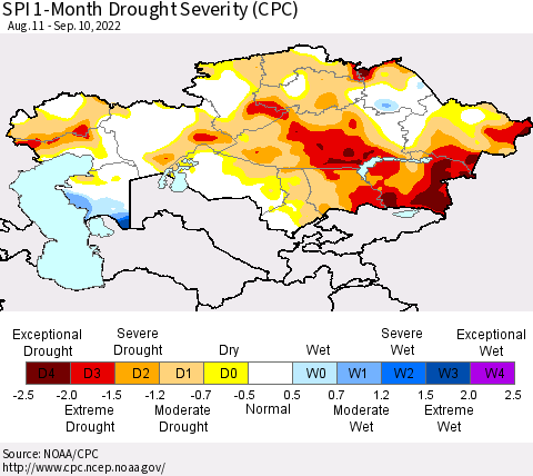Kazakhstan SPI 1-Month Drought Severity (CPC) Thematic Map For 8/11/2022 - 9/10/2022