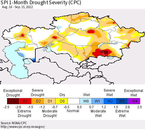 Kazakhstan SPI 1-Month Drought Severity (CPC) Thematic Map For 8/16/2022 - 9/15/2022