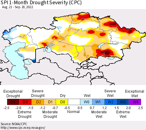 Kazakhstan SPI 1-Month Drought Severity (CPC) Thematic Map For 8/21/2022 - 9/20/2022