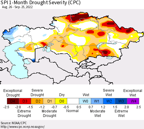 Kazakhstan SPI 1-Month Drought Severity (CPC) Thematic Map For 8/26/2022 - 9/25/2022