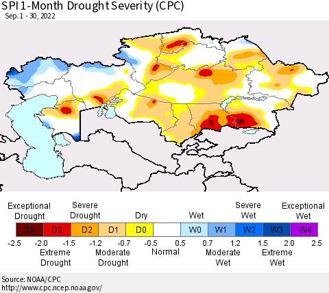 Kazakhstan SPI 1-Month Drought Severity (CPC) Thematic Map For 9/1/2022 - 9/30/2022