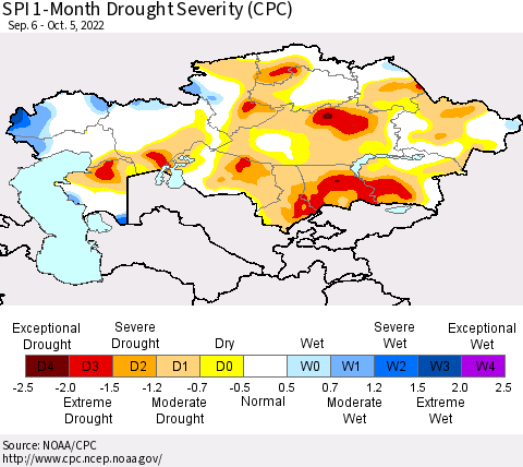 Kazakhstan SPI 1-Month Drought Severity (CPC) Thematic Map For 9/6/2022 - 10/5/2022