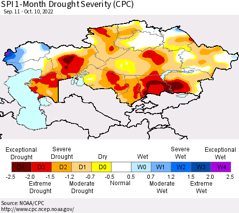 Kazakhstan SPI 1-Month Drought Severity (CPC) Thematic Map For 9/11/2022 - 10/10/2022