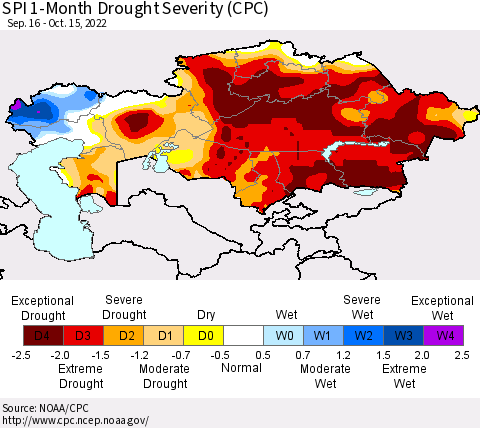 Kazakhstan SPI 1-Month Drought Severity (CPC) Thematic Map For 9/16/2022 - 10/15/2022