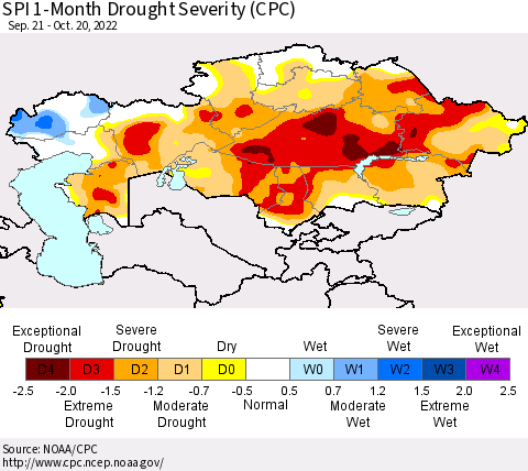 Kazakhstan SPI 1-Month Drought Severity (CPC) Thematic Map For 9/21/2022 - 10/20/2022