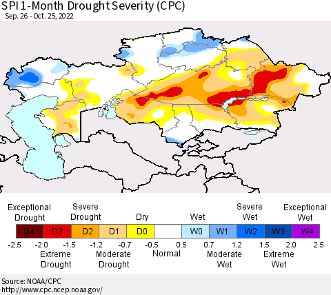 Kazakhstan SPI 1-Month Drought Severity (CPC) Thematic Map For 9/26/2022 - 10/25/2022