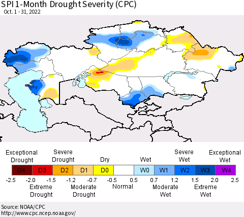 Kazakhstan SPI 1-Month Drought Severity (CPC) Thematic Map For 10/1/2022 - 10/31/2022