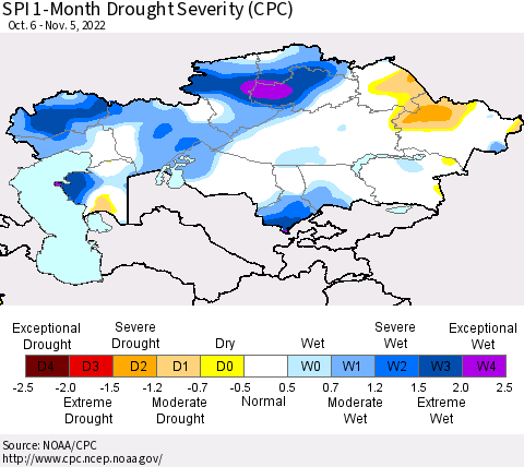 Kazakhstan SPI 1-Month Drought Severity (CPC) Thematic Map For 10/6/2022 - 11/5/2022