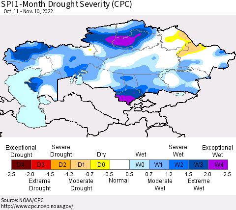 Kazakhstan SPI 1-Month Drought Severity (CPC) Thematic Map For 10/11/2022 - 11/10/2022