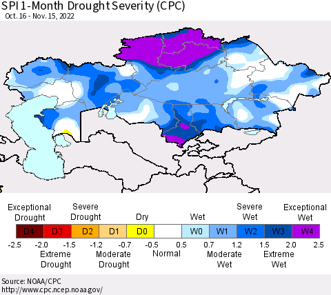 Kazakhstan SPI 1-Month Drought Severity (CPC) Thematic Map For 10/16/2022 - 11/15/2022