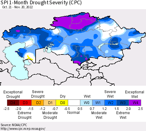 Kazakhstan SPI 1-Month Drought Severity (CPC) Thematic Map For 10/21/2022 - 11/20/2022