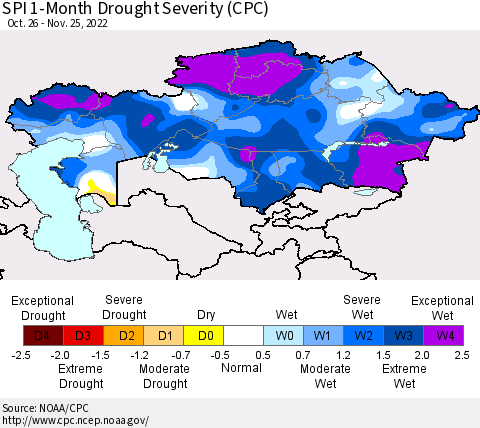 Kazakhstan SPI 1-Month Drought Severity (CPC) Thematic Map For 10/26/2022 - 11/25/2022