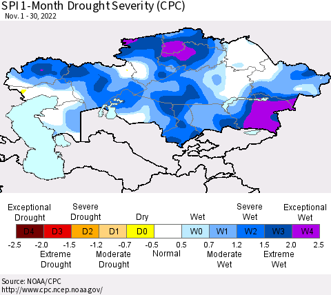 Kazakhstan SPI 1-Month Drought Severity (CPC) Thematic Map For 11/1/2022 - 11/30/2022