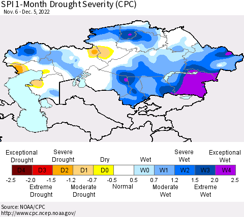 Kazakhstan SPI 1-Month Drought Severity (CPC) Thematic Map For 11/6/2022 - 12/5/2022