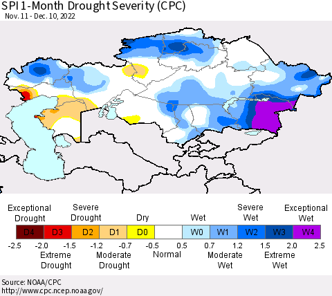 Kazakhstan SPI 1-Month Drought Severity (CPC) Thematic Map For 11/11/2022 - 12/10/2022