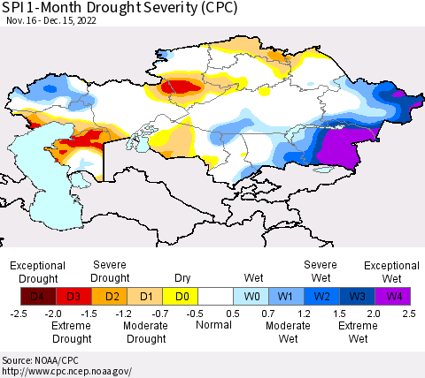 Kazakhstan SPI 1-Month Drought Severity (CPC) Thematic Map For 11/16/2022 - 12/15/2022