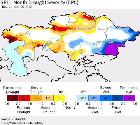 Kazakhstan SPI 1-Month Drought Severity (CPC) Thematic Map For 11/21/2022 - 12/20/2022