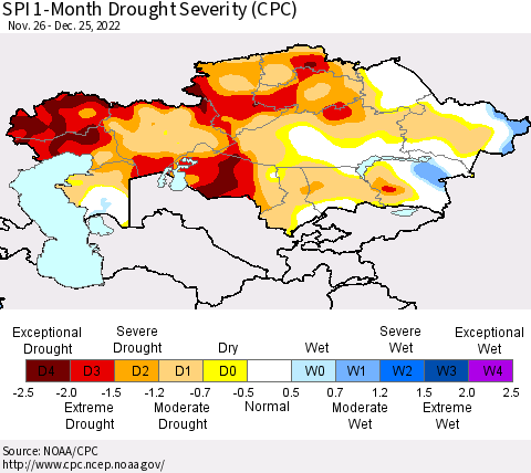 Kazakhstan SPI 1-Month Drought Severity (CPC) Thematic Map For 11/26/2022 - 12/25/2022
