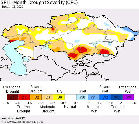Kazakhstan SPI 1-Month Drought Severity (CPC) Thematic Map For 12/1/2022 - 12/31/2022