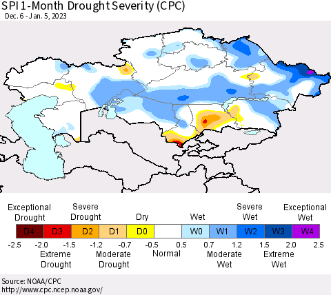 Kazakhstan SPI 1-Month Drought Severity (CPC) Thematic Map For 12/6/2022 - 1/5/2023
