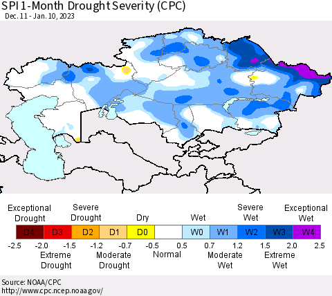 Kazakhstan SPI 1-Month Drought Severity (CPC) Thematic Map For 12/11/2022 - 1/10/2023