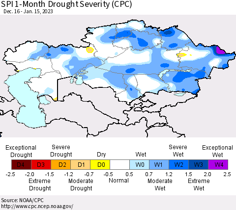 Kazakhstan SPI 1-Month Drought Severity (CPC) Thematic Map For 12/16/2022 - 1/15/2023