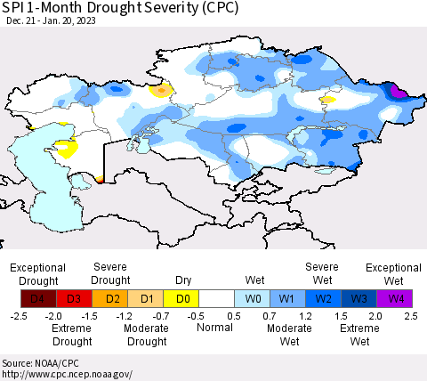 Kazakhstan SPI 1-Month Drought Severity (CPC) Thematic Map For 12/21/2022 - 1/20/2023