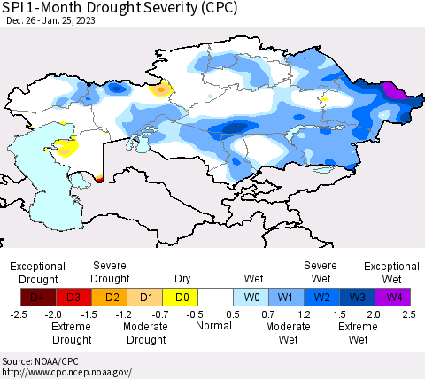 Kazakhstan SPI 1-Month Drought Severity (CPC) Thematic Map For 12/26/2022 - 1/25/2023