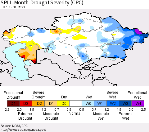 Kazakhstan SPI 1-Month Drought Severity (CPC) Thematic Map For 1/1/2023 - 1/31/2023