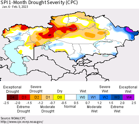 Kazakhstan SPI 1-Month Drought Severity (CPC) Thematic Map For 1/6/2023 - 2/5/2023