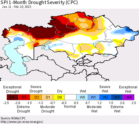Kazakhstan SPI 1-Month Drought Severity (CPC) Thematic Map For 1/11/2023 - 2/10/2023