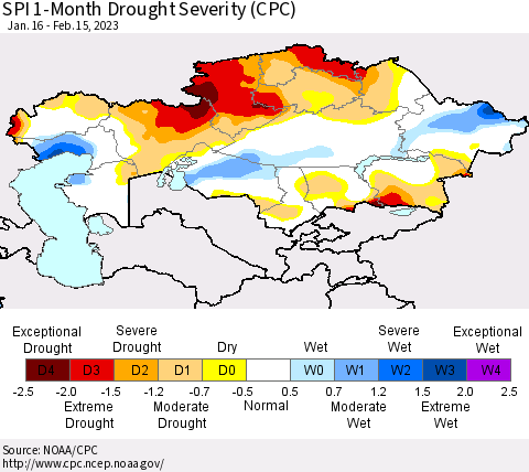 Kazakhstan SPI 1-Month Drought Severity (CPC) Thematic Map For 1/16/2023 - 2/15/2023