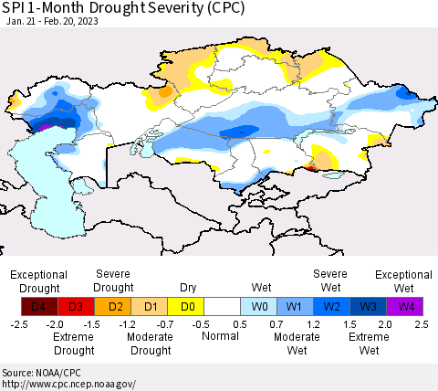 Kazakhstan SPI 1-Month Drought Severity (CPC) Thematic Map For 1/21/2023 - 2/20/2023